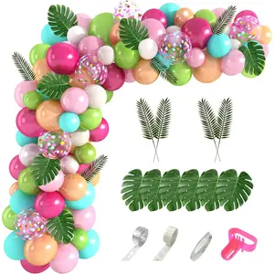 140PCS Tropical Balloons Arch Garland Kit, Green Hot Pink Confetti Latex Balloons Palm Leaves for Tropical Hawaii Flamingo Birthday Baby Shower Wedding Party Decorations Supplies