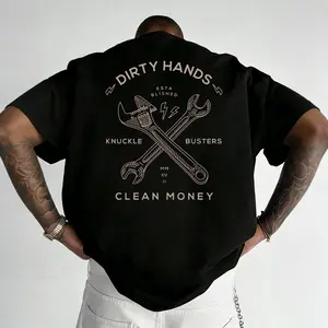 "Dirty Hands, Clean Money" wrench graphic t-shirt, workwear-style graphic print t-shirt, comfortable fabric short-sleeved top. Round Neck Streetwear