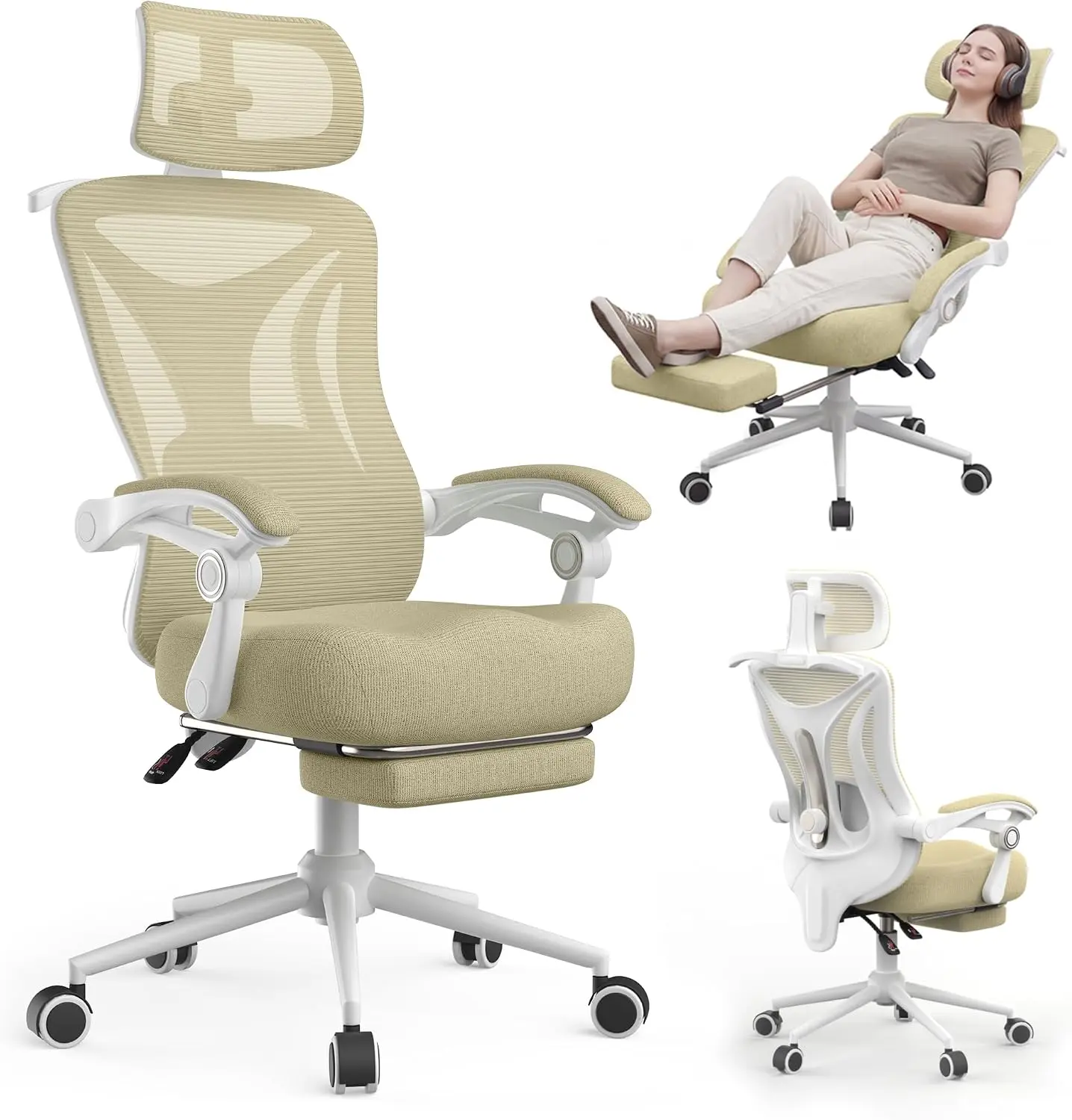 Ergonomic Office Chair, Reclining, Footrest, Adjustable Lumbar, 350LB |   4-Way Headrest (4.72" + 60 ° ), 2-Way Lumbar (2" + 1.18"), 90-135 °   Recline, Breathable Mesh, Gaming & Office, 5-Year Warranty
