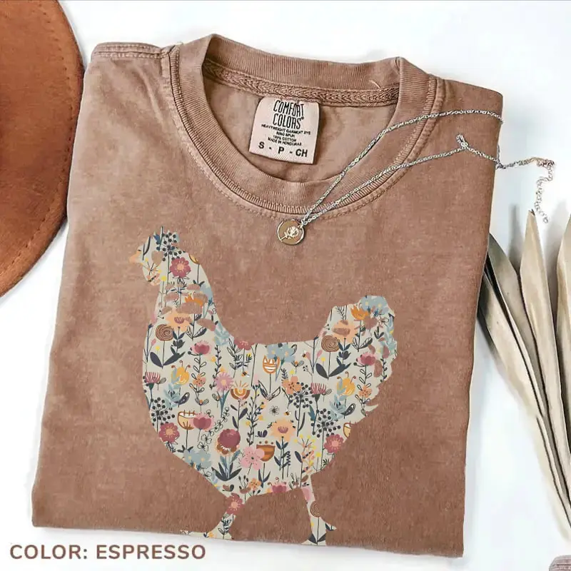 Comfort Colors Funny Chicken Shirt with floral farmhouse design, a retro hen tee and cute gift for women who love backyard farm vibes and country style.