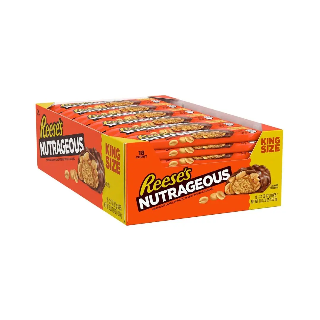 Classic Reese’s Nutrageous King Size Chocolate Snack Bars - 3.1 oz Each, 18-Pack, Cream-Filled, Convenient Nostalgic Candy for Youth Late Night Cravings & Creative Snacking (Contains Chocolate)