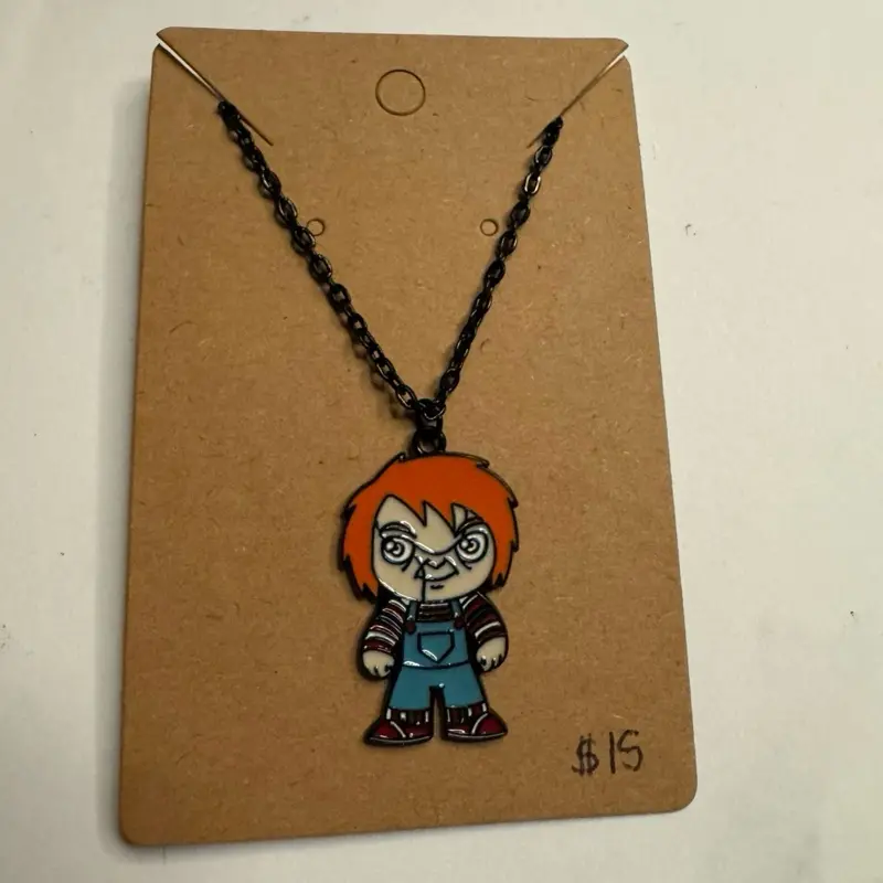 Chucky Necklace with Orange Hair and Blue Overalls on Black Chain for Fans