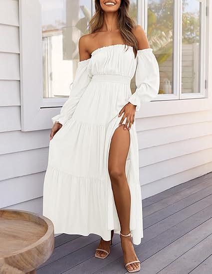 Women's Off The Shoulder Maxi Dress Puff Long Sleeve Ruffle High Slit Boho Flowy Tiered Long Dresses for Summer Party Beach