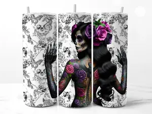 La Catrina Día de Los Muertos 20oz Tall Skinny Tumbler Tattooed Beauties Raven Haired Beauties
