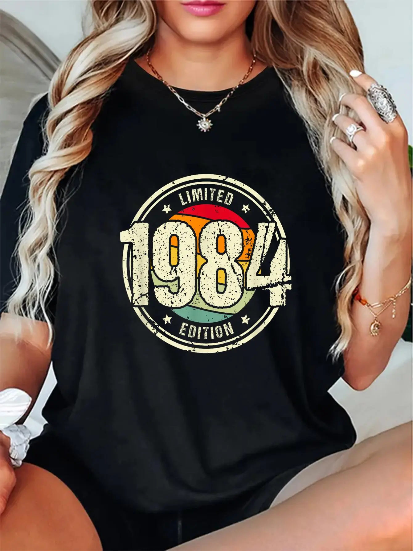 Women's 100% Cotton Retro Streetwear Graphic Tee - Short-Sleeve, Loose-Fitting, Cute Digital Print, 1984 40th Birthday Limited Edition, Round Neck, Breathable Soft Fabric, Custom-Made, Everyday Vibe Style, All-Season Wardrobe Staple