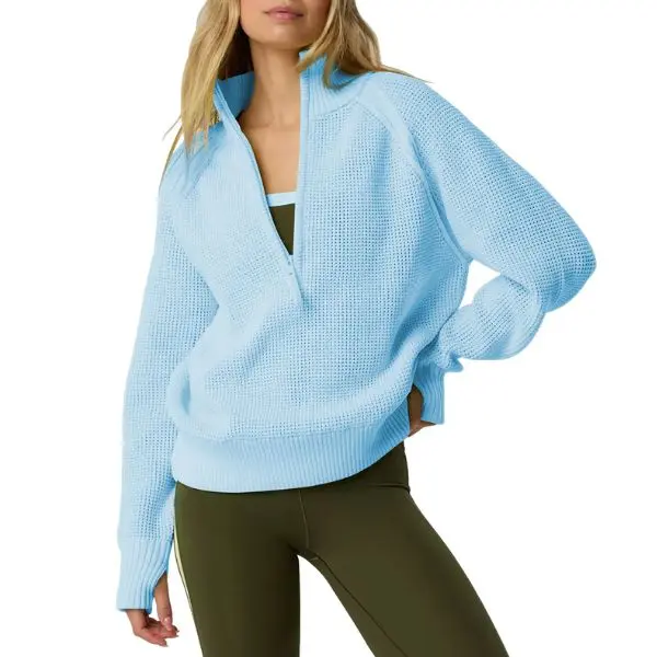 Fisoew Womens Quarter Zip Pullover Sweaters Waffle Knit Long Sleeve Tops | Thumb Hole, Collared, Half Zip, Casual, Ribbed Sweatshirts, Loose Fit, V-neck, Fall Winter Fashion Outfits 2026, Jumper
