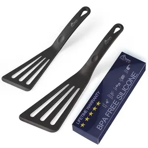 HOTEC 600℉ Heat Resistant Silicone Slotted Fish Turner Spatula Set, BPA Free Flipper Cooking Spatulas, for Non Stick Cookware Dishwasher Safe, Black