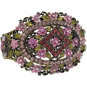 Stunning Vintage Inspired Burnished Gold Statement Victorian Elegance Metal Frame Hinged Cuff Bangle Bracelet, 6.75" (Pink Flowers)