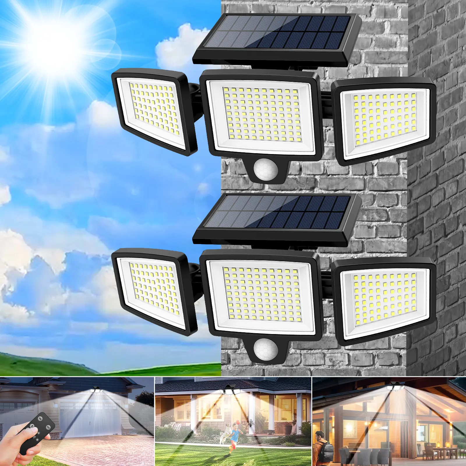Tuffenough Solar Outdoor Lights 2500LM 210LED Security Lights,3 Heads Dimmable SpotLights with 3 Modes,IP65 Waterproof,Suitable for Yard, Garage, Porch,Patio, Garden,Farm,Chicken Coop, Barn,Horse Stable,Pool,#Deals for You Days