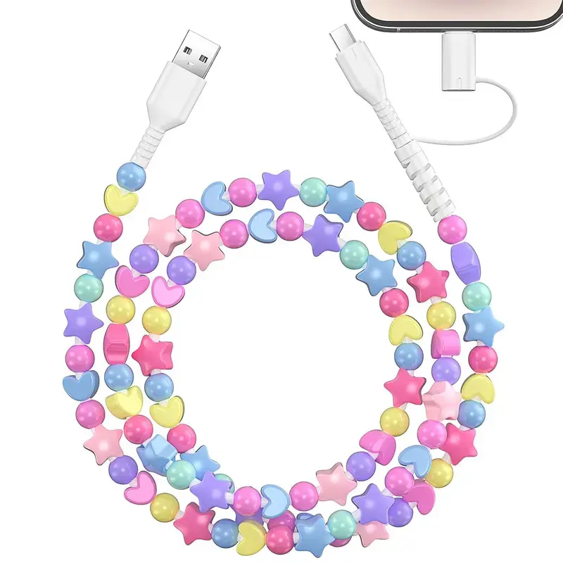 Beaded Charging Cords 2-in-1 USB-C Cable - Fits All Device USBC & Lightning Compatible with iPhone 16/15, iPad, Samsung, Laptops - MFi Certified, Multi-Function Charging, Colorful Beads, Gift-Ready