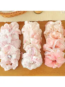 Sweet pink bow scrunchie, girly heart style for high bun, floral elastic hair tie, hair accessory