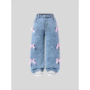 Toddler Girl's Bow Decor Jeans, Cute Comfy Trousers Daily Wear, Kids Bottoms All Seasons