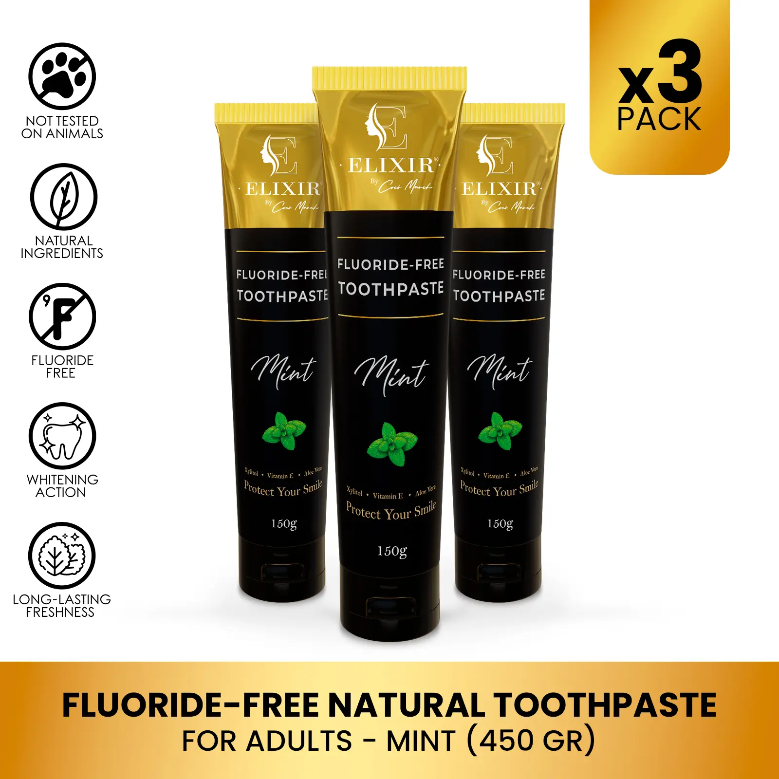 3 Pack of Elixir by Cocó March Fluoride Free Natural Toothpaste for Adults, Fresh Mint Flavor, Fresh Breath, Clean Teeth and Healthy Gums, 150g Oral Aloe Gentle