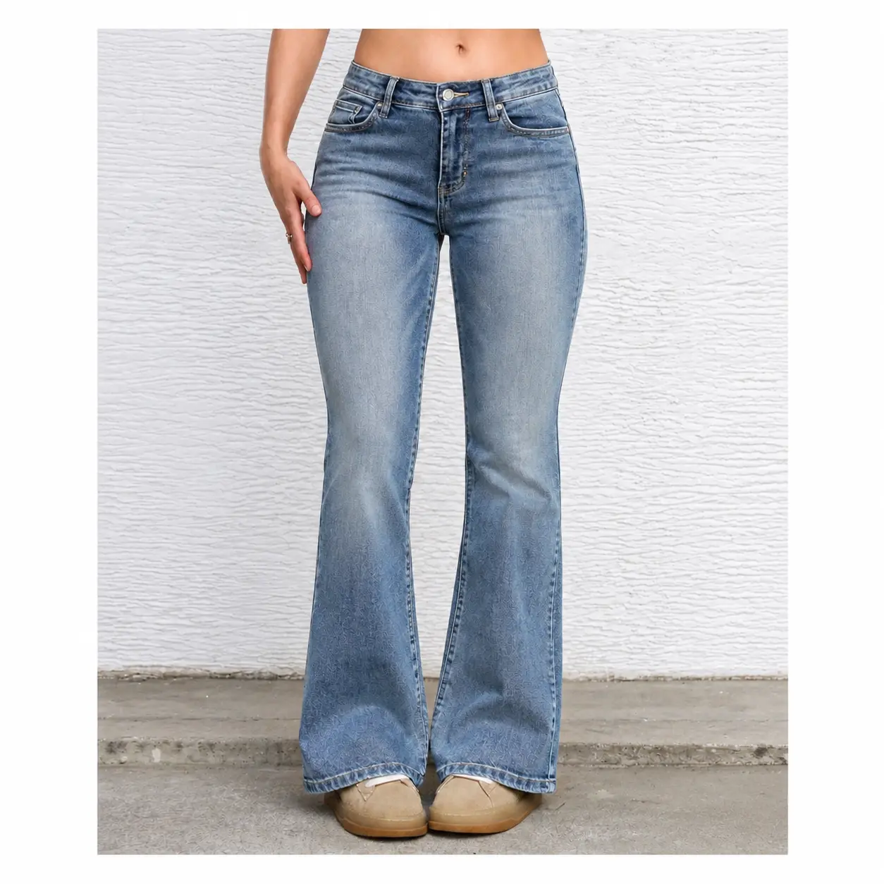 Women's Top Vintage Light Blue Mid-Waist Stretch Denim Bootcut Jeans - Subtle Pattern, Elegant, Simple, Everyday Comfortable Casual Bottoms, Basic