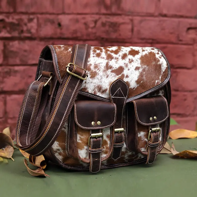 Cowhide Leather Crossbody Bag: Handmade Fur Saddle Bag
