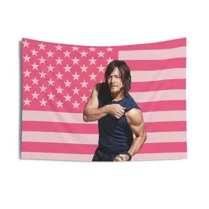 Norman Reedus Pink American Flag Tapestry, aesthetic room decor, funny room decor, Norman Reedus gift