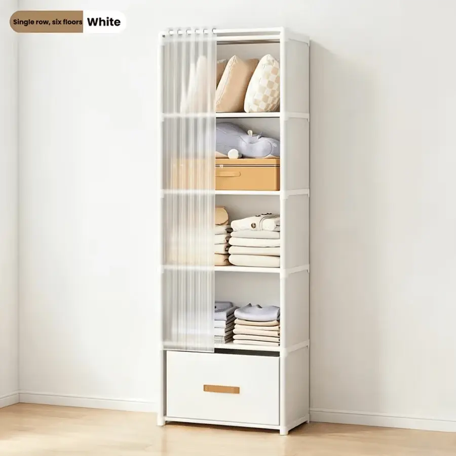 Single Row 6-Tier All-In-One Household Storage Rack With Pull-Out Drawer, Sturdy Dustproof Wardrobe Available In Cream White And Black