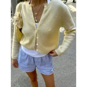 Women’s solid-color button-front cropped cardigan, casual long-sleeve knitwear for spring and summer, fashionable women’s knit clothing for daily wear—tops, womenswear