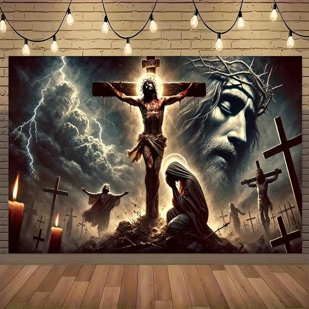 1pc 2D Flat Religious Jesus Christ Passion Wall Hanging Tapestry - 100% Synthetic Polyester HD Print Bright Colors Home Decor, Machine Washable Ceremony Backdrop Home Accessory