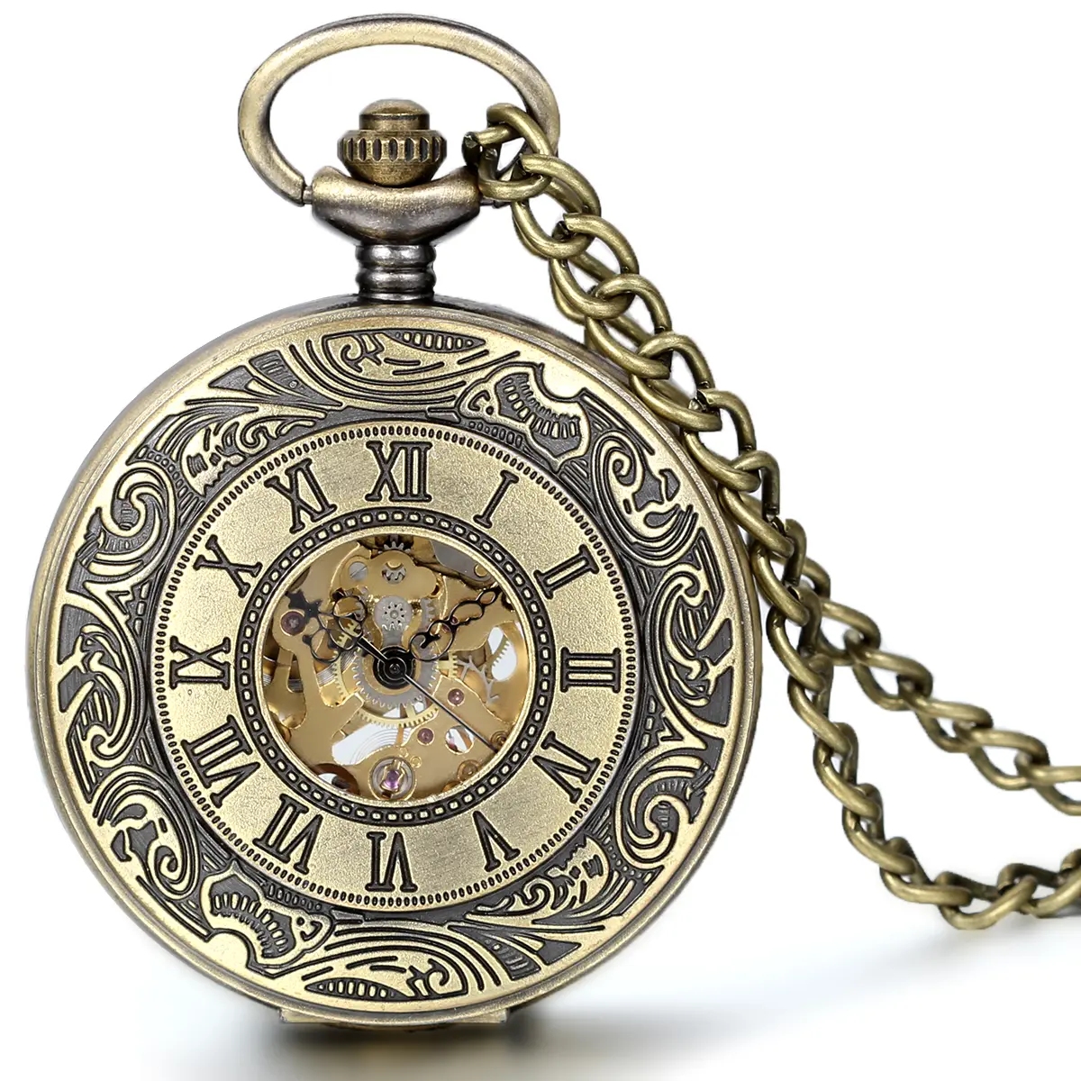 OIDEA Men's Antique Patina Copper Skeleton Cover Pocket Watch with Roman Numerals, Manual Wound Mechanical Movement & Fob Chain - Father's Day Gifts, Mens Unique Collectible Gifts, Mens Gifts
