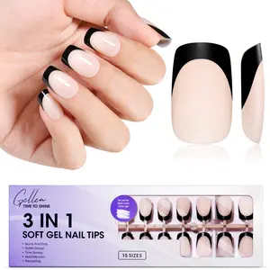 Gellen French Gel Nails  – Soft Medium Square  (150 Pcs, 15 Sizes, Black Design) NO glue included