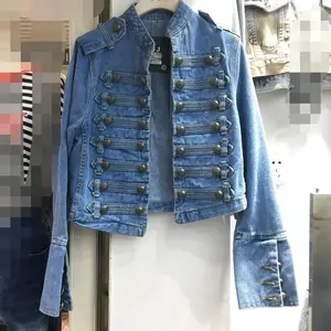 Vintage Military Style Handsome Stand Collar Denim  Women Double-Breasted Wild Slim Fit Short Denim  Women's Coat Casual button lapel coat fashion jacket Tops Womenswear Basic Fitted