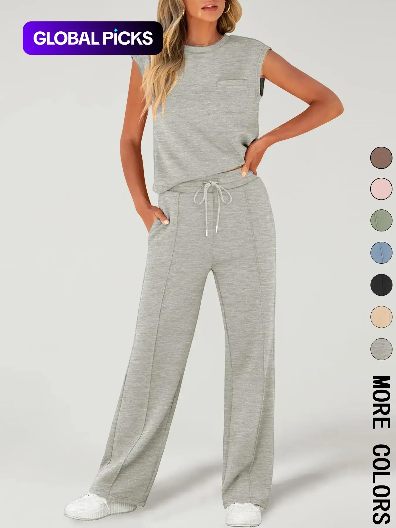 Women's Solid Fitted Tank Top with Pockets & Drawstring Waist Wide Leg Pants Two-piece Set, Basic Casual Sleeveless Round Neck Top & Trousers for Daily Wear, Ladies Two-piece Outfits for All Seasons, Comfy Cozy Lounge Set, Clothes, Womenswear