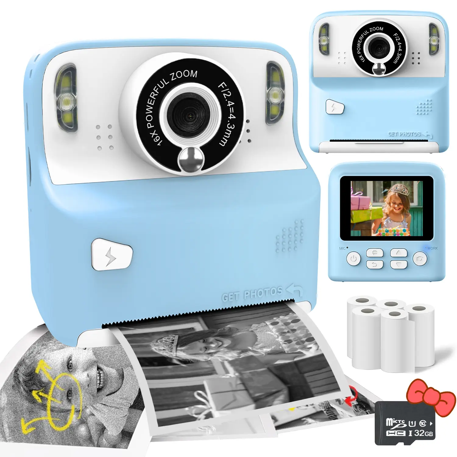 Kids Instant Film Camera - 48MP 1080P HD, 8x Durable ABS Portable Toy Camera, Blue, 32GB Micro SD Card, 5 Roll Paper, Automatic Selfie Lens, Card Slot, USB Port, 2.4-Inch IPS Screen, 16F/Cells, Christmas/Birthday Gifts for Ages 3-12, Blue+32G Card+5 Roll