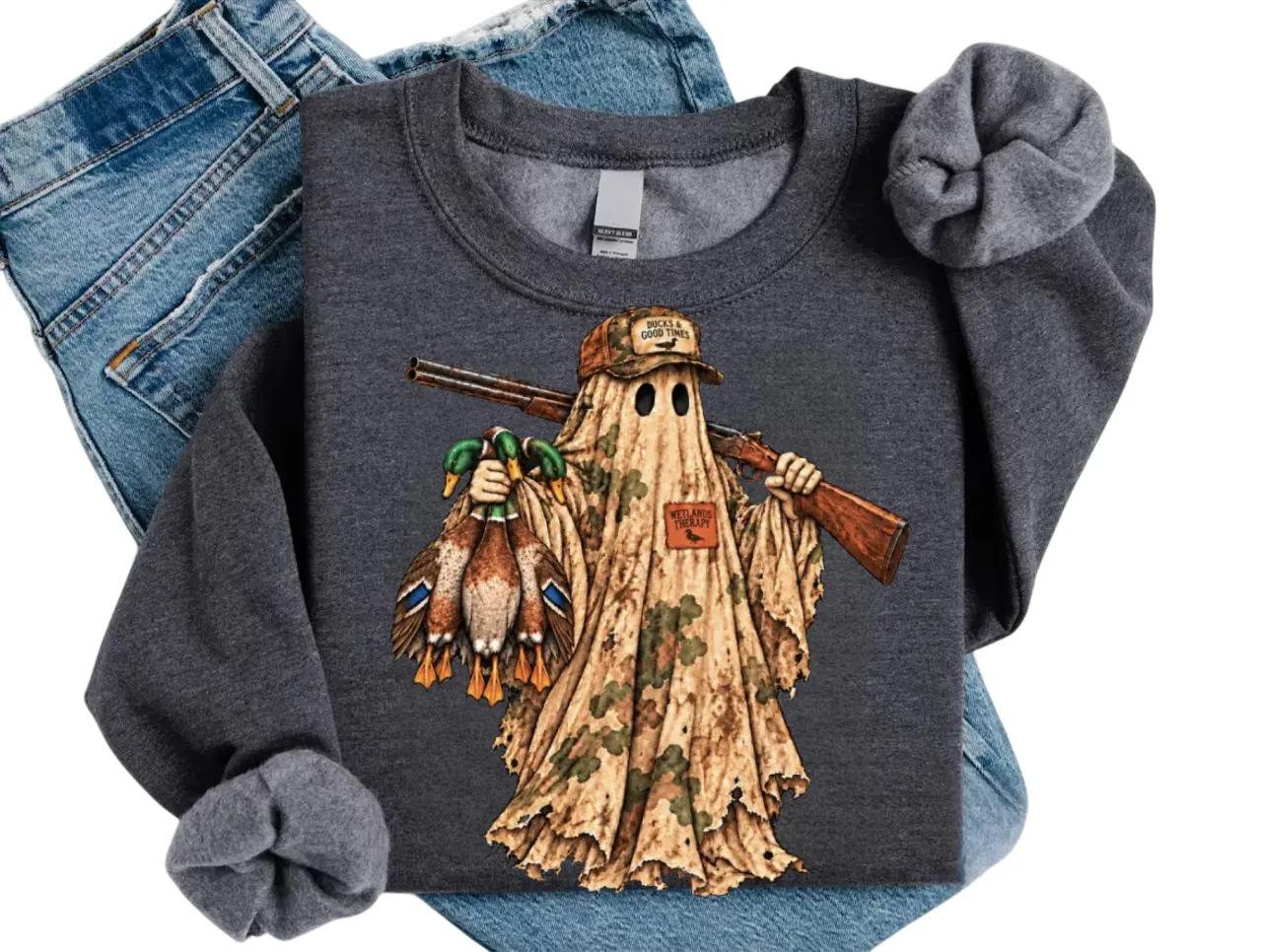 Duck Hunting Ghost Sweatshirt, Mallard Duck Hunting Crewneck, Camo Halloween Hunter Sweater, Spooky Season Gift for Her