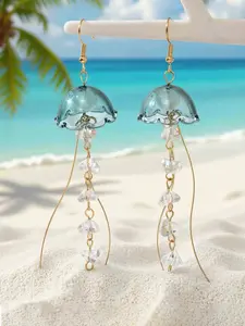 Dreamy Ocean Jellyfish Long Drop Earrings for Women, Irregular Transparent Resin & Crystal Beaded Dangle Earrings, Elegant Gold Tone Beach Style Jewelry, Fairycore Ocean Wind Earrings for Vacation, Party, Wedding, Summer Accessories Gift