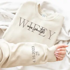 Custom Wifey Sweatshirt with Date on Sleeve, Personalized Wife Sweatshirt, Mrs Sweatshirt, Best Gifts For Women, Bride Sweatshirt