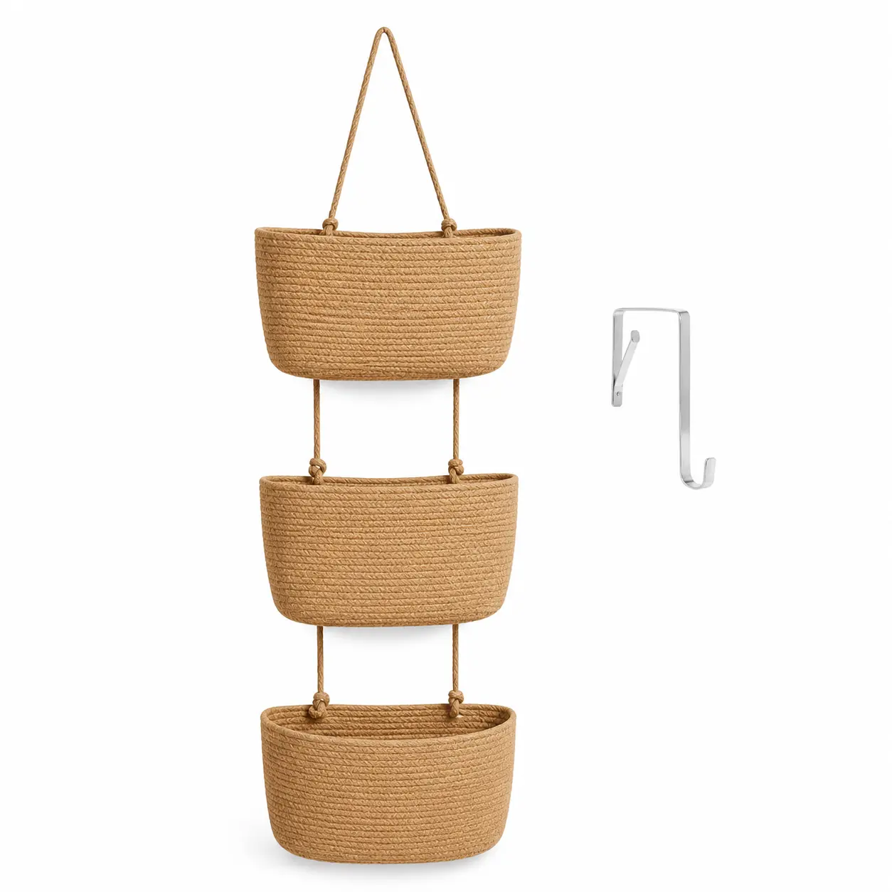 Natural 3-Tier Over Door Organizer Bag, Rattan Look Woven Layers Storage - Large Cotton Wall-Mounted Basket, Renter Space-Saving Indoor Recreation Decor, Hangable for Nursery Plant/Laundry Organization