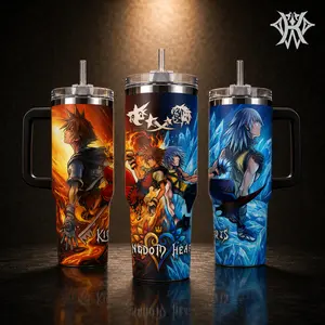 Kingdom Hearts Sora x Riku Tumbler with Lid and Straw, Fire & Ice Anime Travel Mug, 20oz 40oz