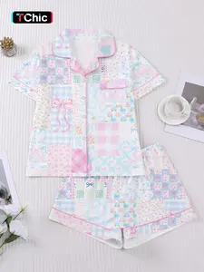 【Valentine's Day】Women's Casual Cartoon Print Sleepwear Set, Comfortable Short Sleeve Top & Elastic Shorts, Perfect for Spring Summer, Valentine's Gift