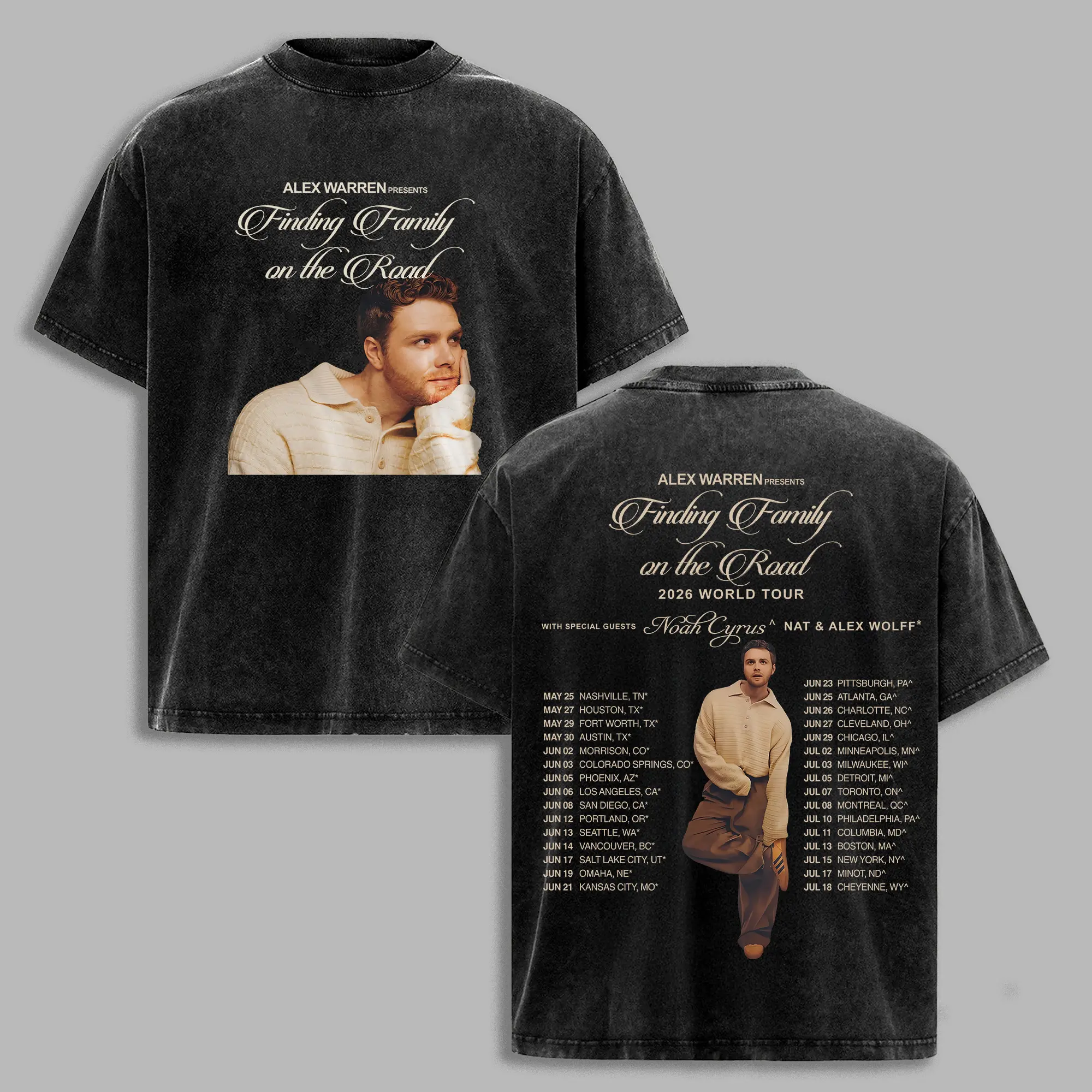 Alex Warren 2026 Finding Family on the Road Tour Vintage Wash Graphic T-Shirt - Ribbed Cotton Oversize Short-Sleeve Casual Streetwear Concert Merch