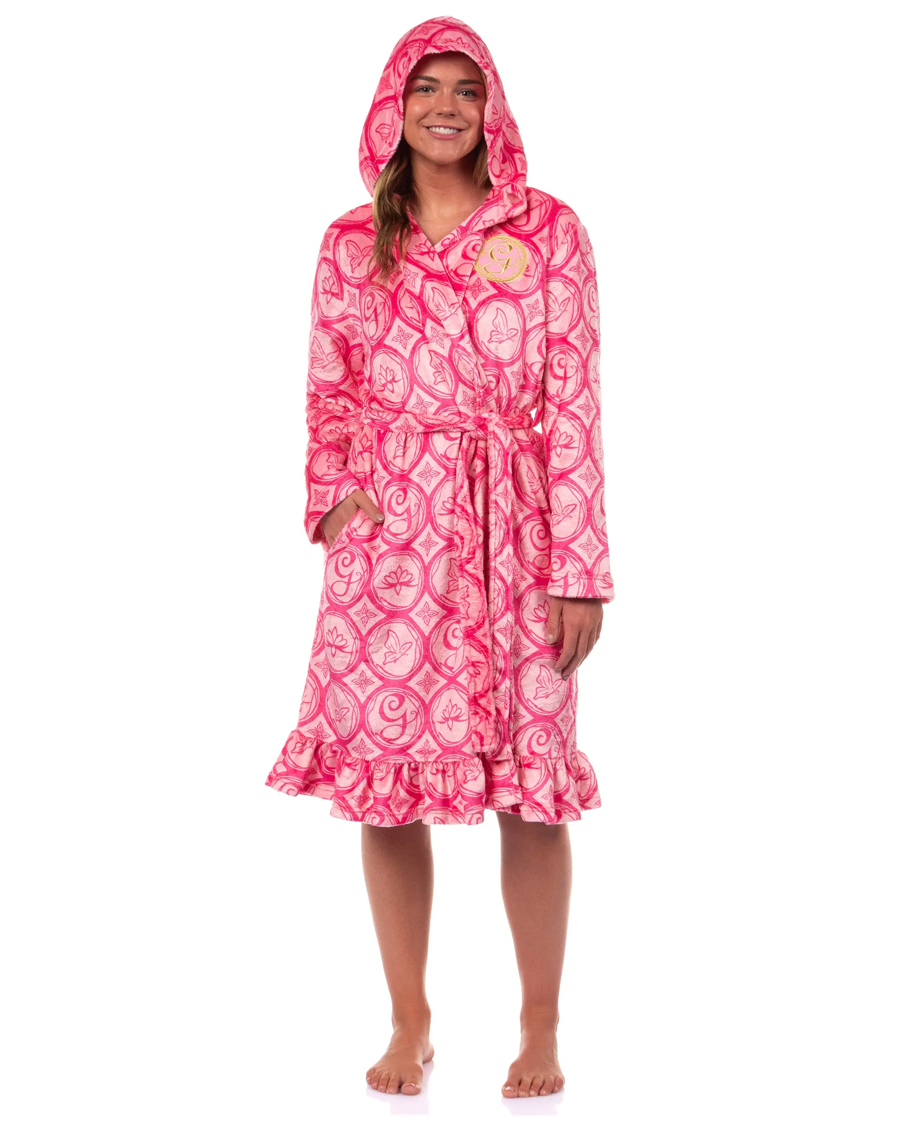 Wicked Women's Bathrobe Glinda the Good Witch Ruffle Self-Tie Hooded Robe, Belt, Polyester, Plush, Pajamas, Smooth