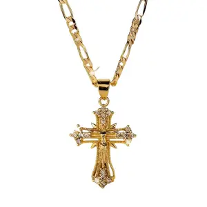 14K Gold Plated Jesus Cross Pendant Necklace Unisex Religious Style Jewelry with Sparkling Embellishments Suitable for Thanksgiving Graduation Everyday Wear Men Women Dainty Chain Carnelian