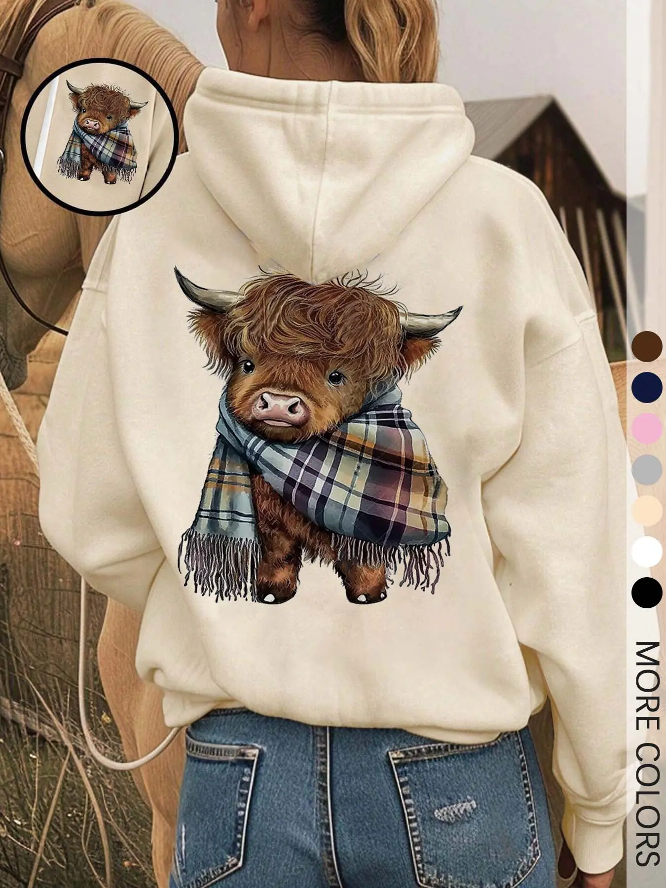 Cozy Fleece-Lined Hooded Fitted Long Sleeves Sweatshirt, Funny Sweatshirt, Cute Highland Cow Animal Design, Unisex Casual Winter Fashion Womenswear with Soft Warm Plush Interior for Cold Weather Aesthetics, Casual Fitted Hoodie, Casual Print Hoodie