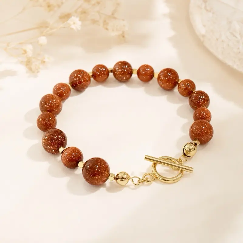 Beads Venturine # 11 Stainless Steel Bracelet with Brown Beads and Gold Clasp