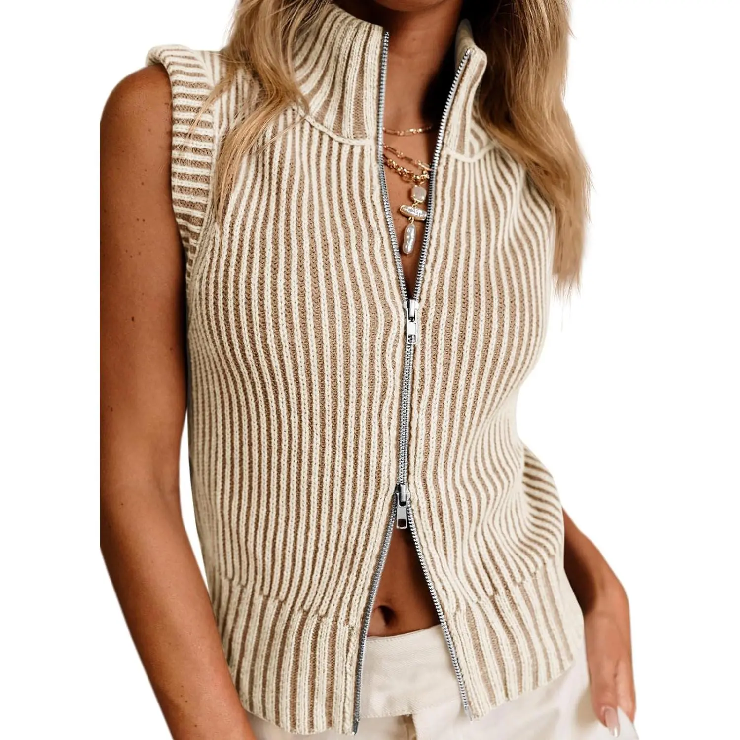 Women's Minimalist Ribbed Knit V-Neck Frontzip Vest Top - Lightweight, Multi-Size, Striped Sleeveless Casual Basic Vest Tops for Women, Frontzip Women's Vests