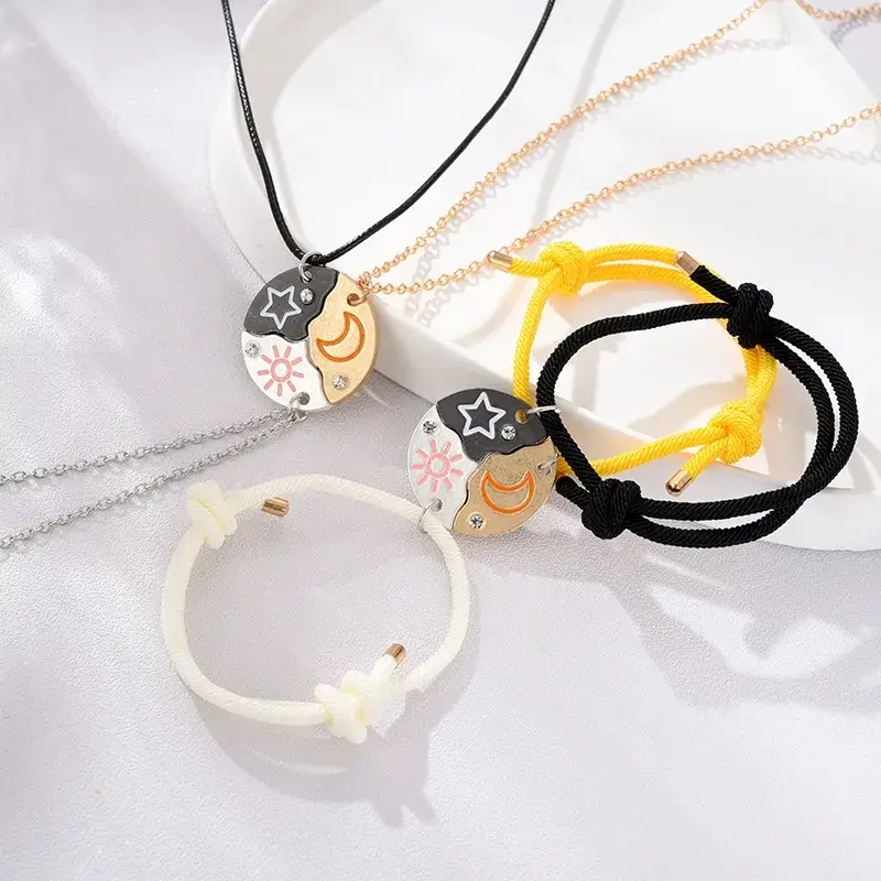 Set of 3 Round Rhinestone Sun, Moon & Star Magnetic Necklace/Bracelet, Friendship Necklace BFF Best Friends Forever Fantasy Cute Pendant for Unbreskable Friendship, Perfect for Birthday, Anniversary, Mother's Day