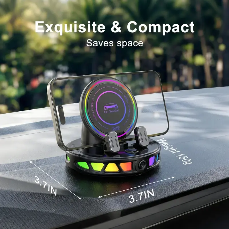 RGB Wireless Charging Car Phone Mount – Magnetic Auto-Lock Holder with 360° Rotation & Stable Suction Base For Dashboard & Windshield, Fits iPhone & Android Father's Day Gifts