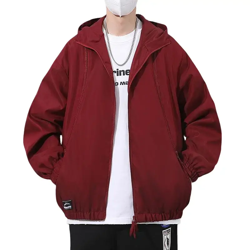 TJL Men's Burgundy Streetwear Zip-Up Hoodie Jacket 100% Polyester Casual Stand Collar Pullover with Ribbed Cuffs for Fall & Winter tile Wide Leg Str Menswear Elegant