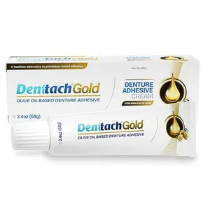 Denttach Gold – Extra Virgin Olive Oil - Extra Strength Denture Adhesive for Full & Partial Dentures – Zinc-Free, Long-Lasting Grip, 2.4oz Saliva Activated