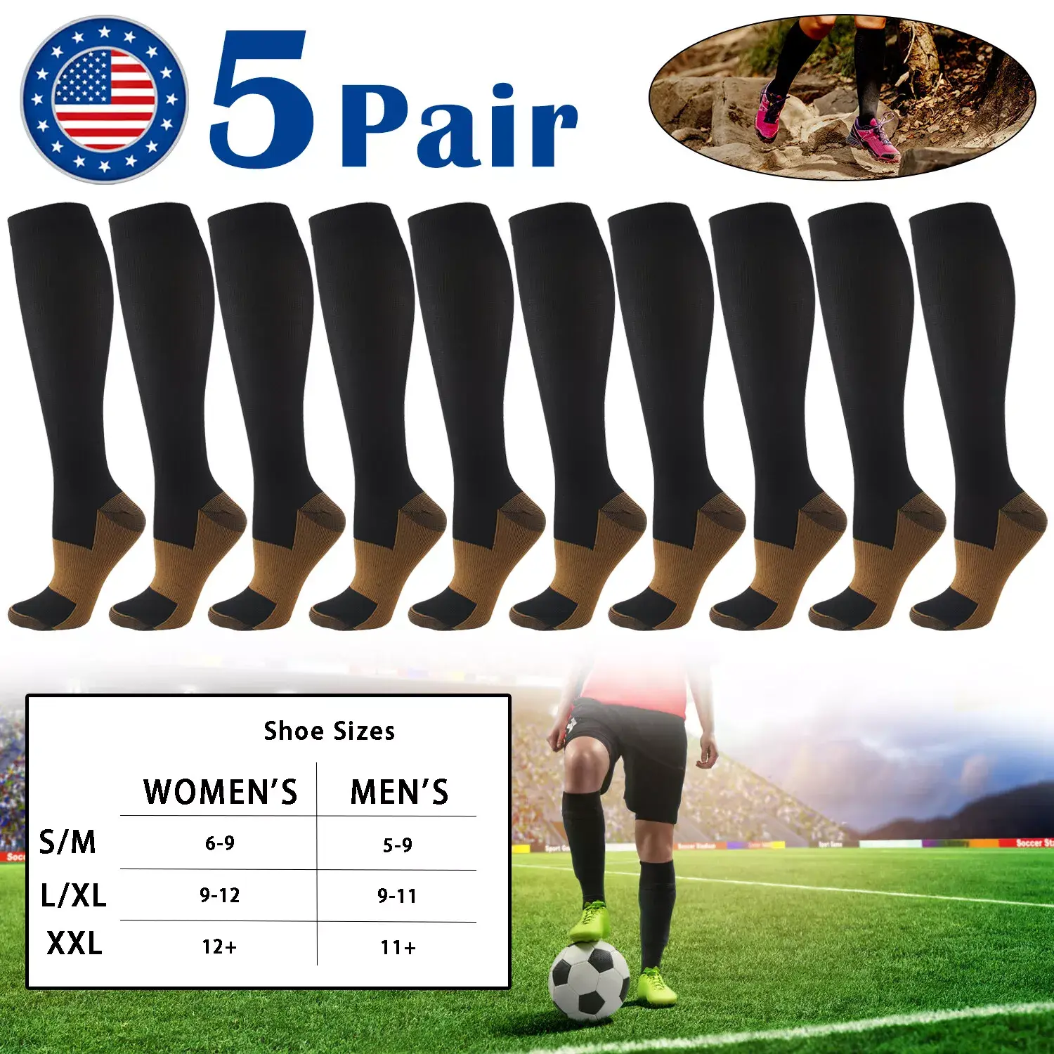 New 5 Pairs Copper Compression Socks 20-30mmHg Graduated Support Mens Womens S/M-XXL Activewear Varicose Veins