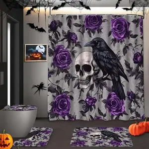Halloween Spooky Skull Rose Raven Pattern Shower Curtain Set, Includes Bath Mat, Toilet Lid Cover, U-Shaped Mat, Polyester Fiber Bathroom Decor Gift