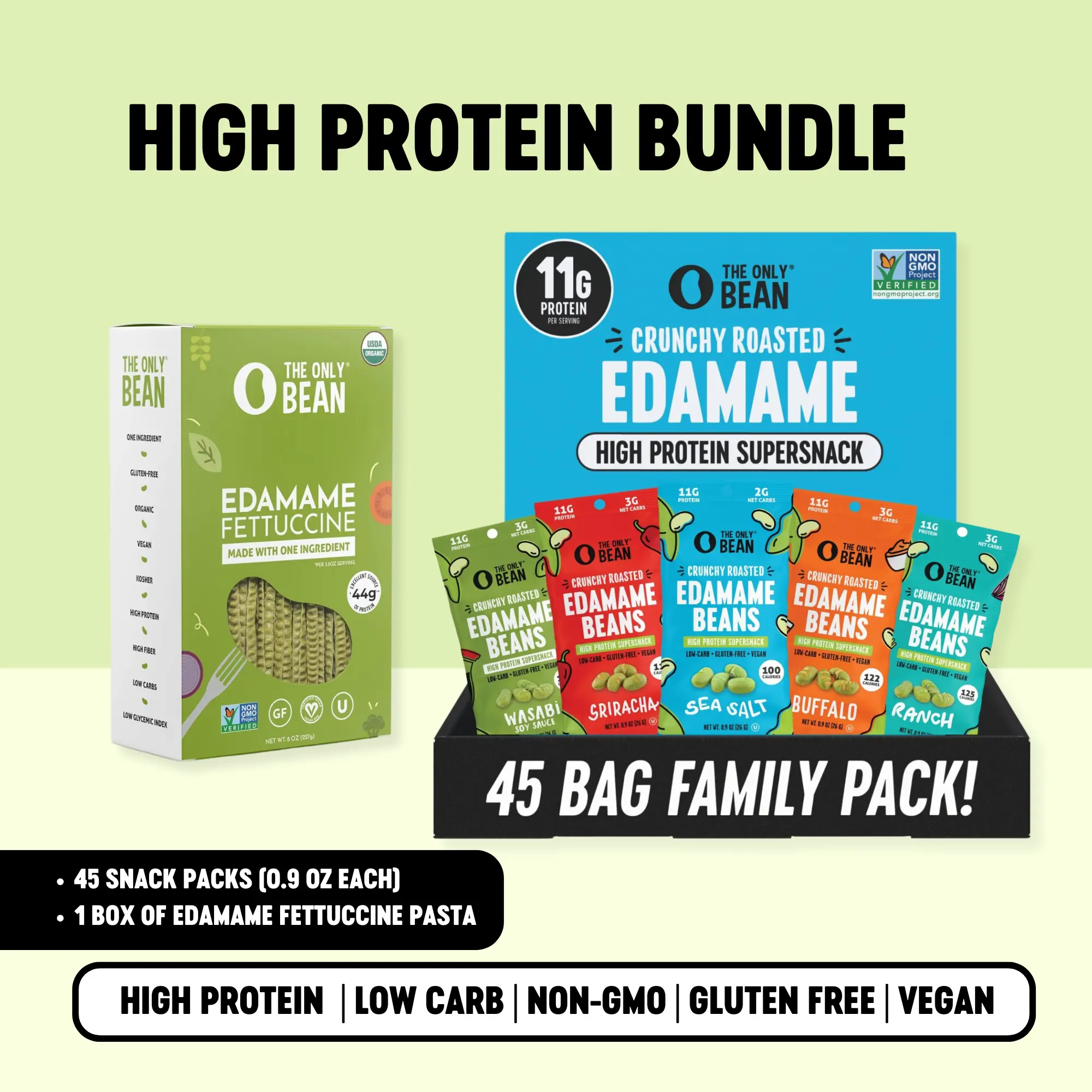 The Only Bean - Crunchy Edamame Snack Variety Pack (45 Pack) & Edamame Fettuccine (1 Box) - High Protein Bundle