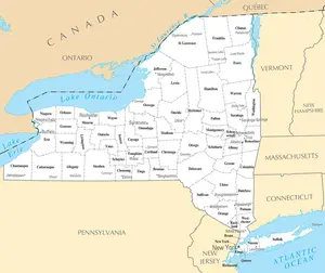 Map of New York NY - County Map with selected Cities and Towns - Peel and Stick Wall Decal