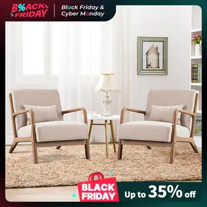 [TikTokShopBlackFriday][Set of 2]EBELLO Modern Arm Chairs , Mid-Century Modern Accent Chair Upholstered Lounge Chair with Pillow and Solid Wood Frame, Linen Fabric Comfy Chairs for Living Room