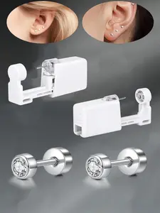 4 Pcs/set Punk Drop Earrings, Stainless Steel Cubic Zirconia Heart Faux Pearl, Self Ear Piercing Gun Kit, Daily Decoration